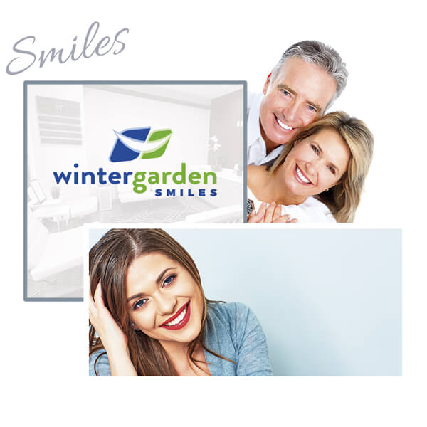 A collage of people smiling and the Winter Garden Smiles logo
